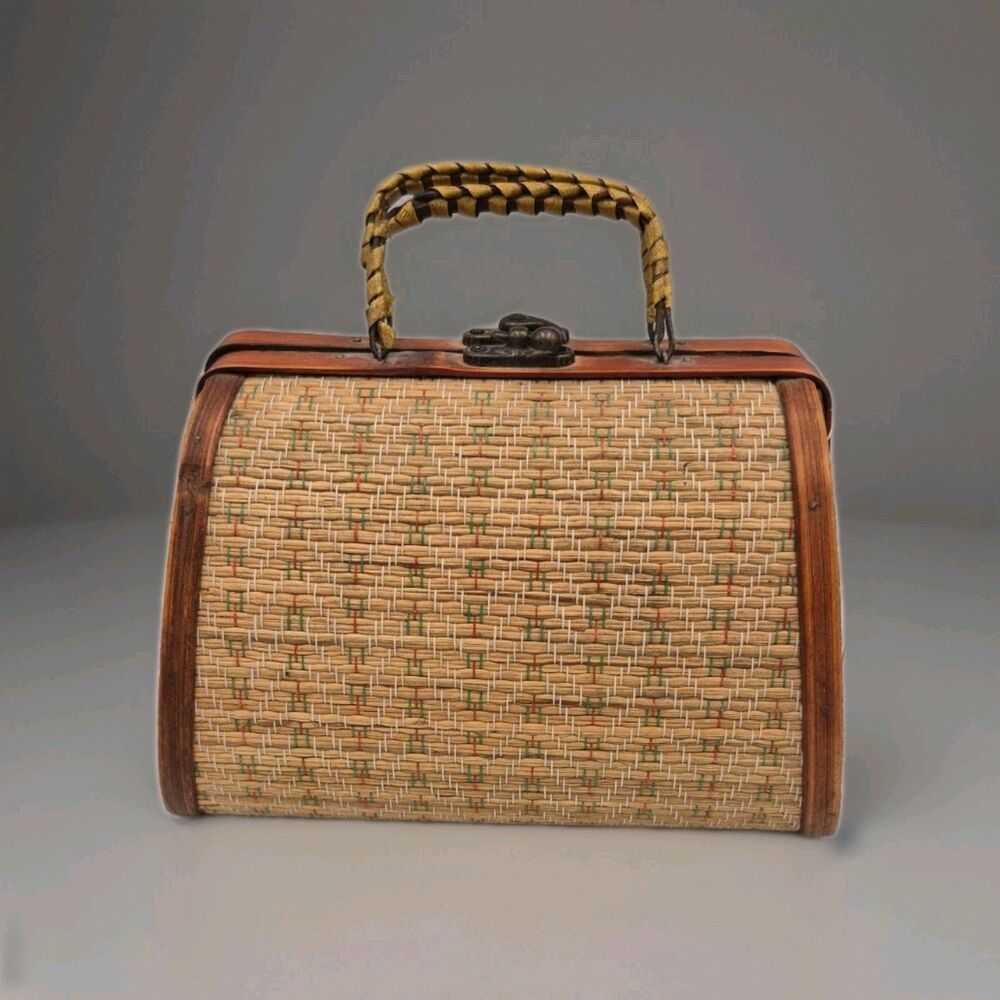 Vintage Wooden Rattan Multicolored Dual Handle Swivel Latch Handbag Purse 5X7